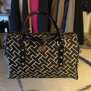Vintage Tommy Hilfigen Signature Canvas Satchel Bag with Patent Leather Handles